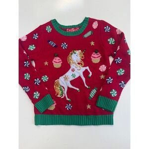 33 Degrees Girls Red Unicorn Sequin Ugly Christmas Sweater Size L 10/12 Holiday